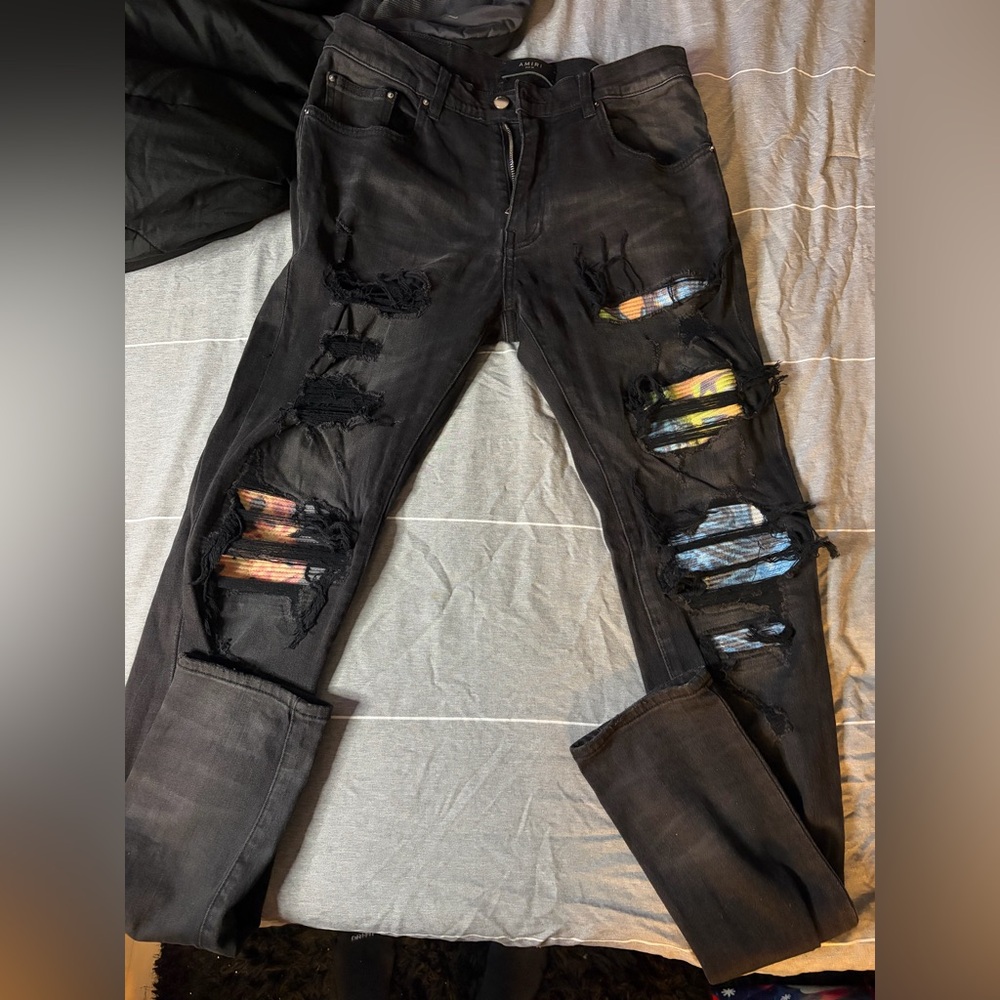 AMIRI Black Hawaiian patch distressed jean
